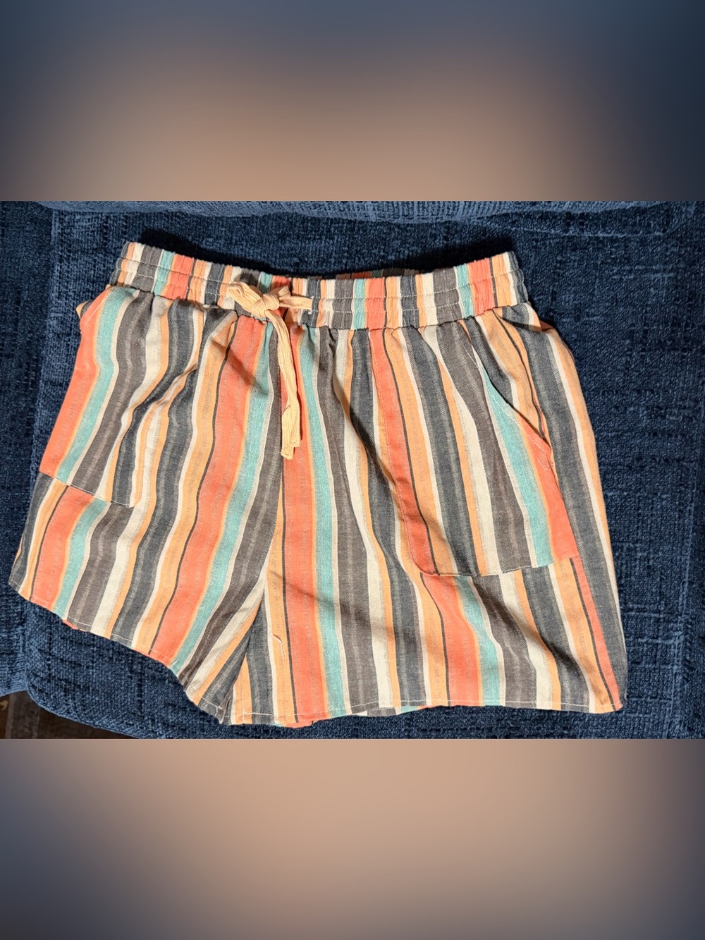 SHEIN Multicolor Striped Drawstring Shorts in Coral, Teal & Gray